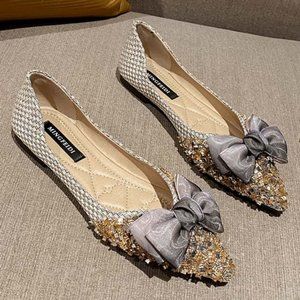 Khaki & Gray Bow-Accent Pointed-Toe Flats | size 10